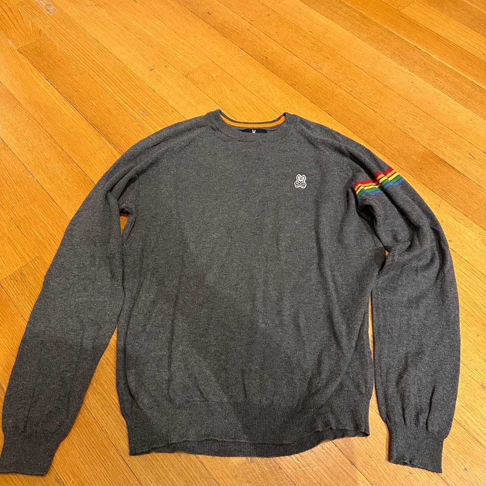 Psycho Bunny Gray Crewneck Sweater with Ribbed Cuffs